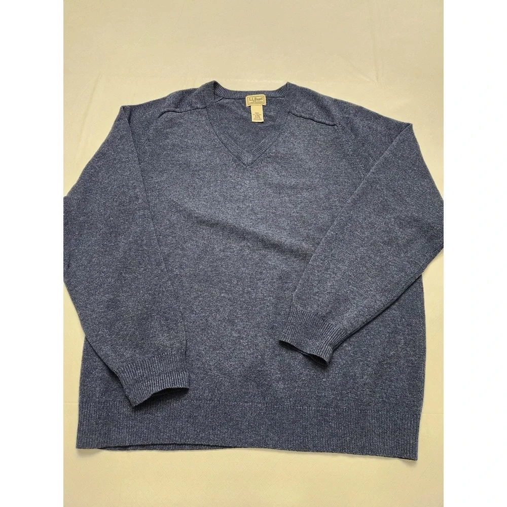LL Bean Sweater Mens XL Blue Heather V Neck Lambswool Pullover Knit Grandpa